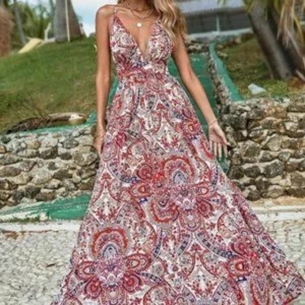 Multicolor Boho Womens Paisley Print Criss Cross Backless Cami Dress